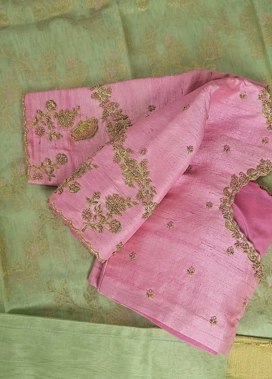 Baby Pink Raw Silk Blouse with Handcrafted Maggam Work | Scalloped Zardosi Border Elbow Sleeve Blouse