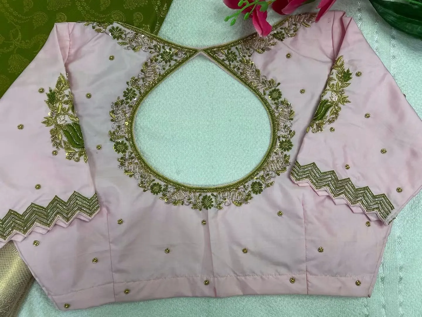 Baby Pink Raw Silk Maggam Work Blouse | Zigzag Cutwork Sleeve Bridal Aari Embroidery Blouse 1