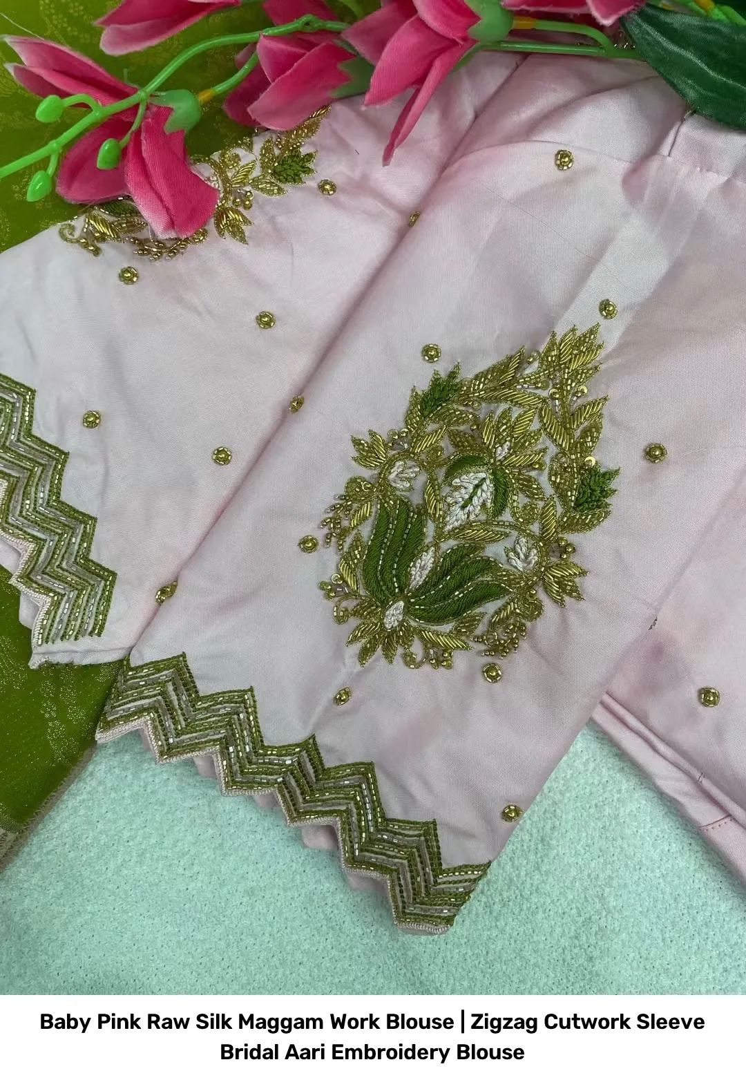Baby Pink Raw Silk Maggam Work Blouse | Zigzag Cutwork Sleeve Bridal Aari Embroidery Blouse 2