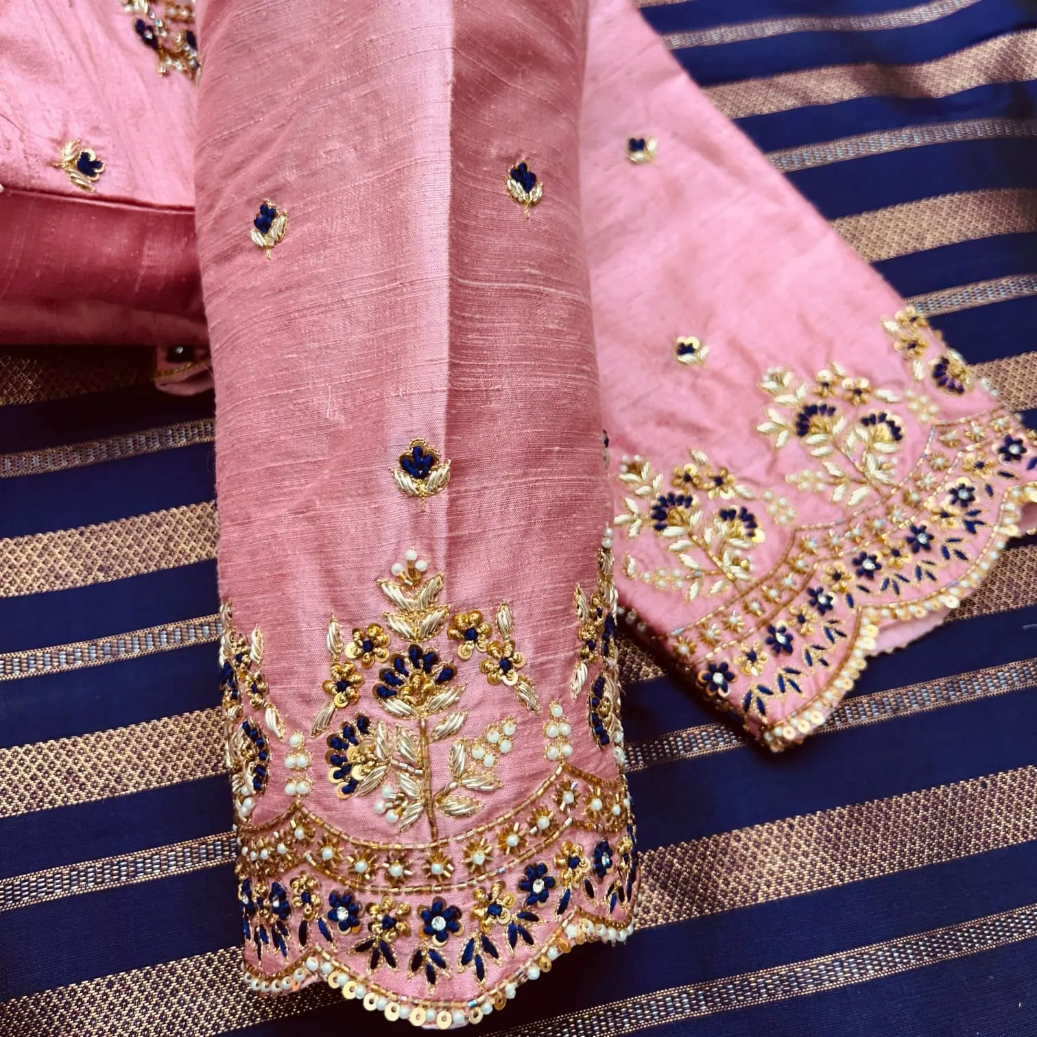 Baby Pink Raw Silk Saree Blouse | Hand Embroidered Maggam Work with Scallop Sleeves 1