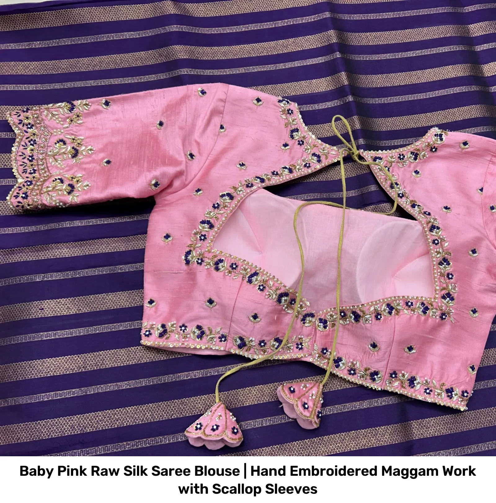 Baby Pink Raw Silk Saree Blouse | Hand Embroidered Maggam Work with Scallop Sleeves 2