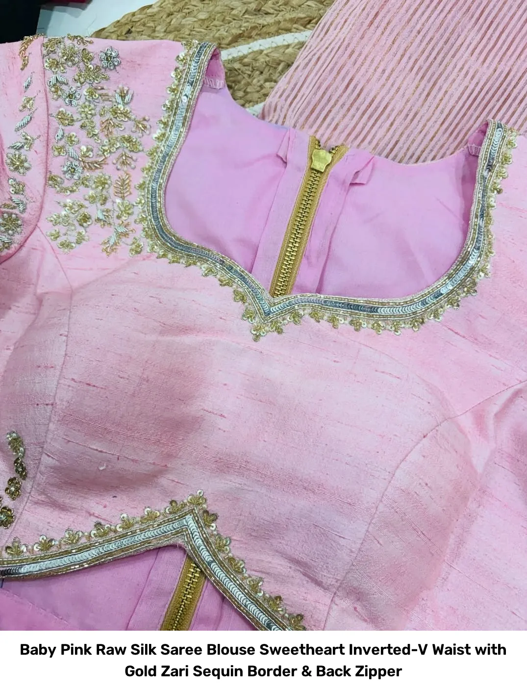 Baby Pink Raw Silk Saree Blouse – Sweetheart Inverted-V Waist with Gold Zari Sequin Border & Back Zipper 3