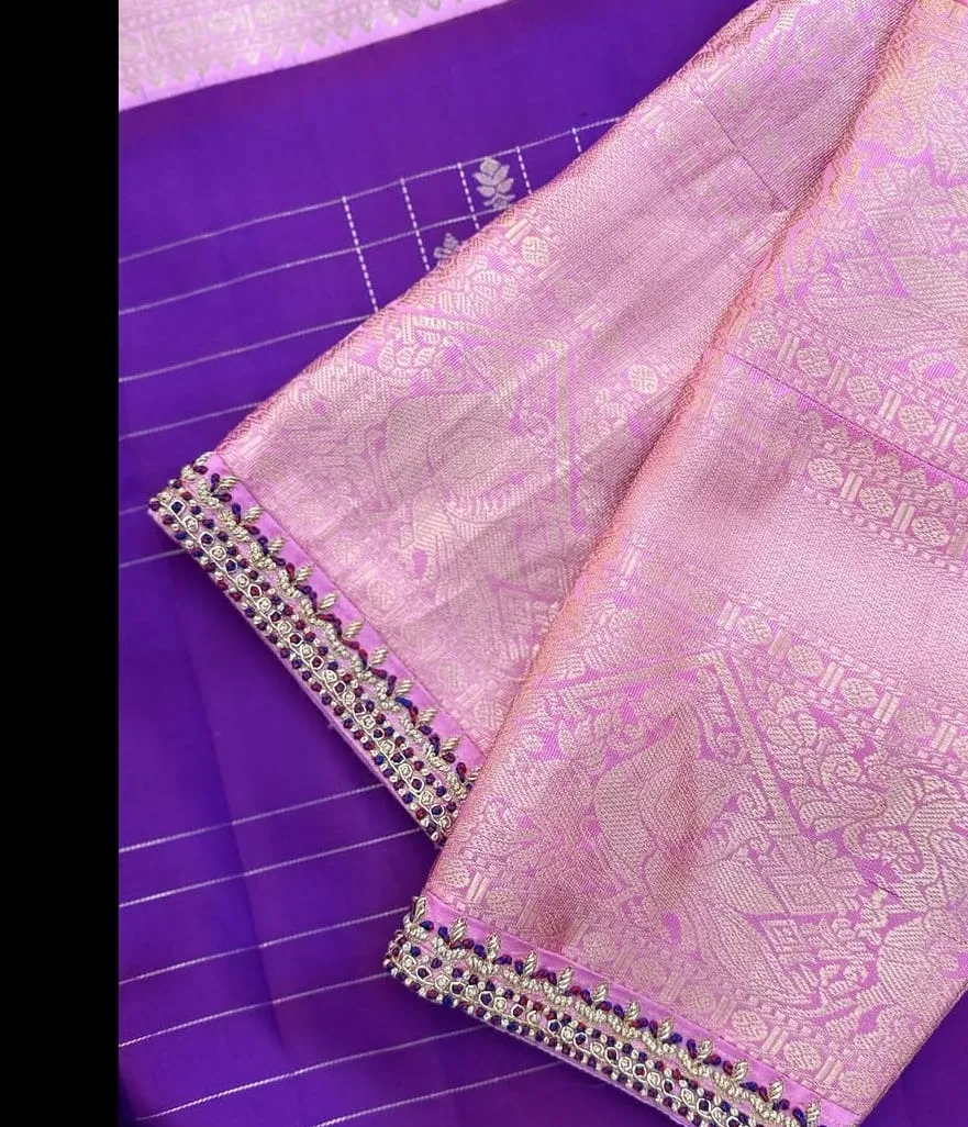 Baby Pink Silk Saree Blouse | Handcrafted Maggam Work Diamond Cutout Back & Brocade Zari Sleeves