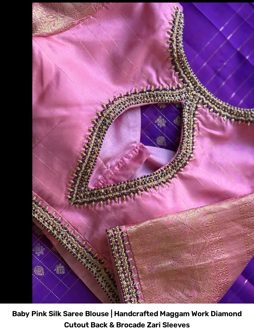 Baby Pink Silk Saree Blouse | Handcrafted Maggam Work Diamond Cutout Back & Brocade Zari Sleeves 3