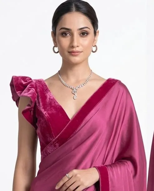 Backless Velvet Blouse Satin Saree Set – Ruffle Sleeve Cocktail & Party Wear Saree