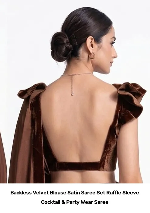 Backless Velvet Blouse Satin Saree Set – Ruffle Sleeve Cocktail & Party Wear Saree 10