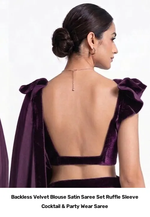 Backless Velvet Blouse Satin Saree Set – Ruffle Sleeve Cocktail & Party Wear Saree 2