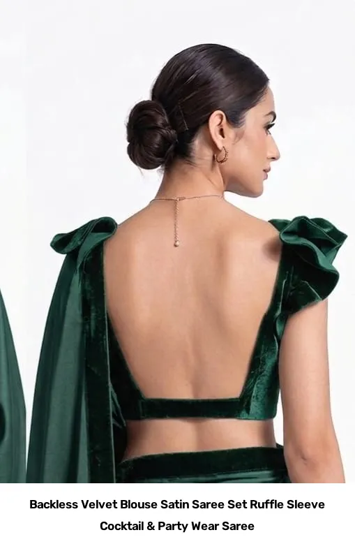 Backless Velvet Blouse Satin Saree Set – Ruffle Sleeve Cocktail & Party Wear Saree 3