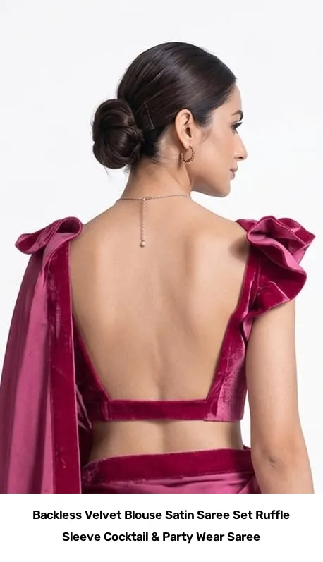 Backless Velvet Blouse Satin Saree Set – Ruffle Sleeve Cocktail & Party Wear Saree 4
