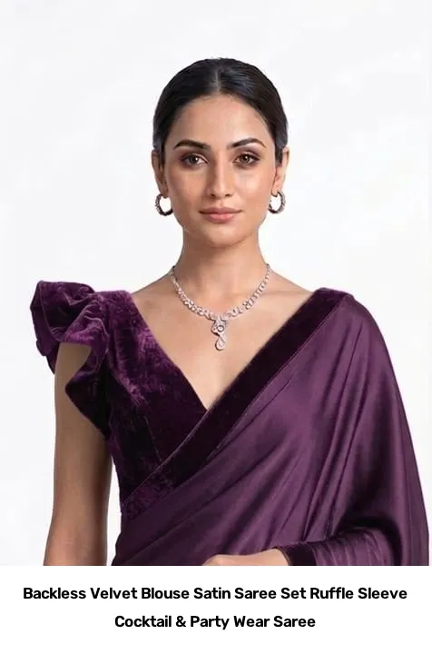 Backless Velvet Blouse Satin Saree Set – Ruffle Sleeve Cocktail & Party Wear Saree 5
