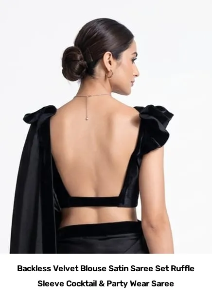 Backless Velvet Blouse Satin Saree Set – Ruffle Sleeve Cocktail & Party Wear Saree 6