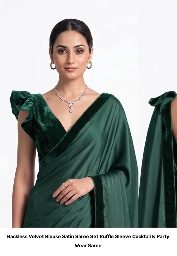 Backless Velvet Blouse Satin Saree Set – Ruffle Sleeve Cocktail & Party Wear Saree 7