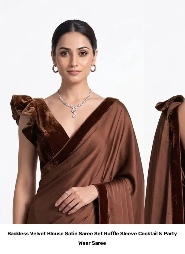 Backless Velvet Blouse Satin Saree Set – Ruffle Sleeve Cocktail & Party Wear Saree 8