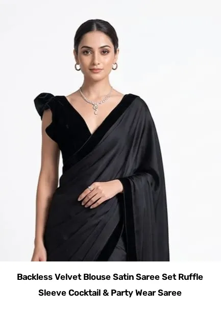 Backless Velvet Blouse Satin Saree Set – Ruffle Sleeve Cocktail & Party Wear Saree 9