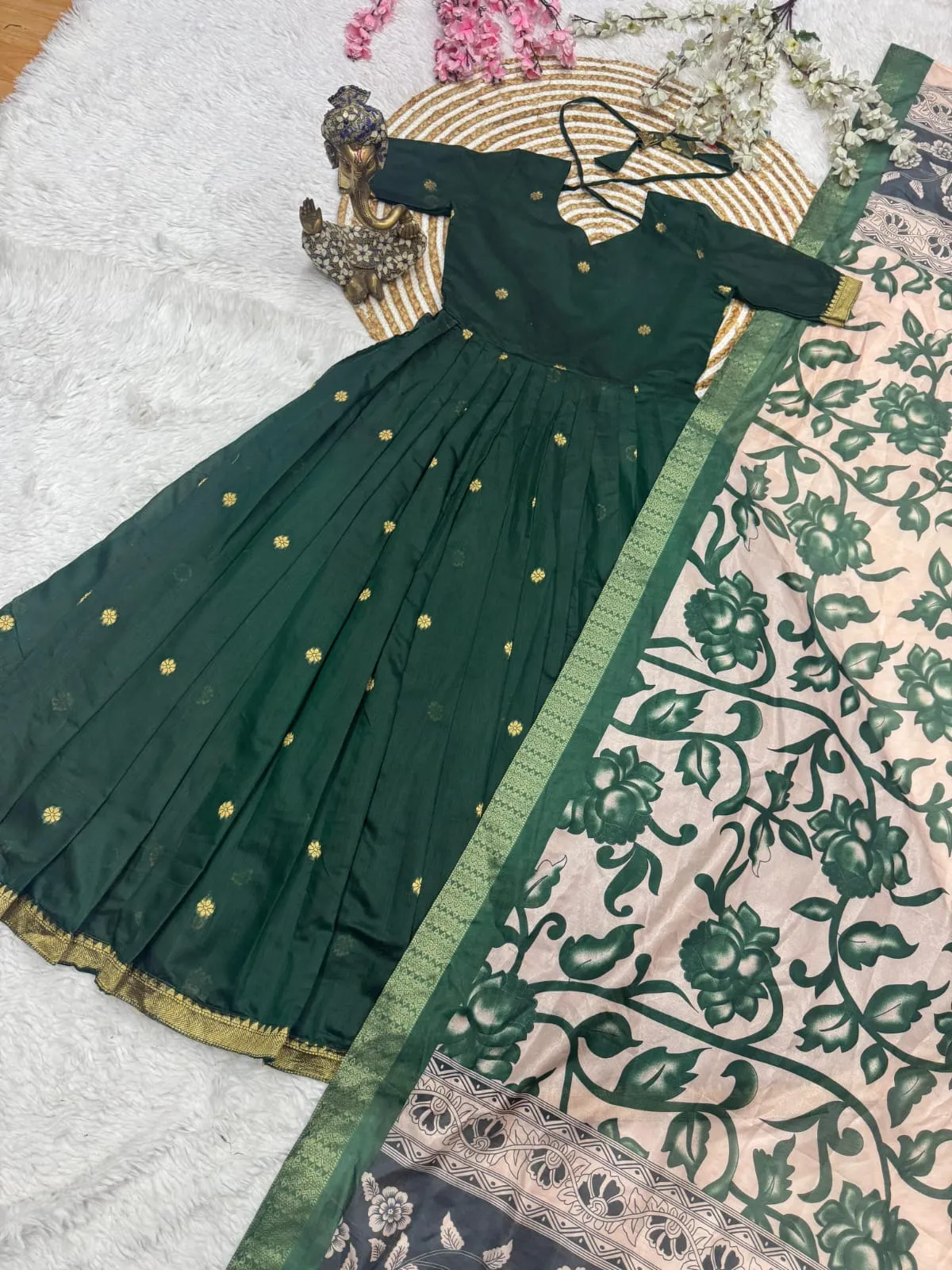Banarasi Jacquard Silk Anarkali Gown with Floral Printed Zari Dupatta Set | Traditional Festive & Wedding Party Wear Long Dress