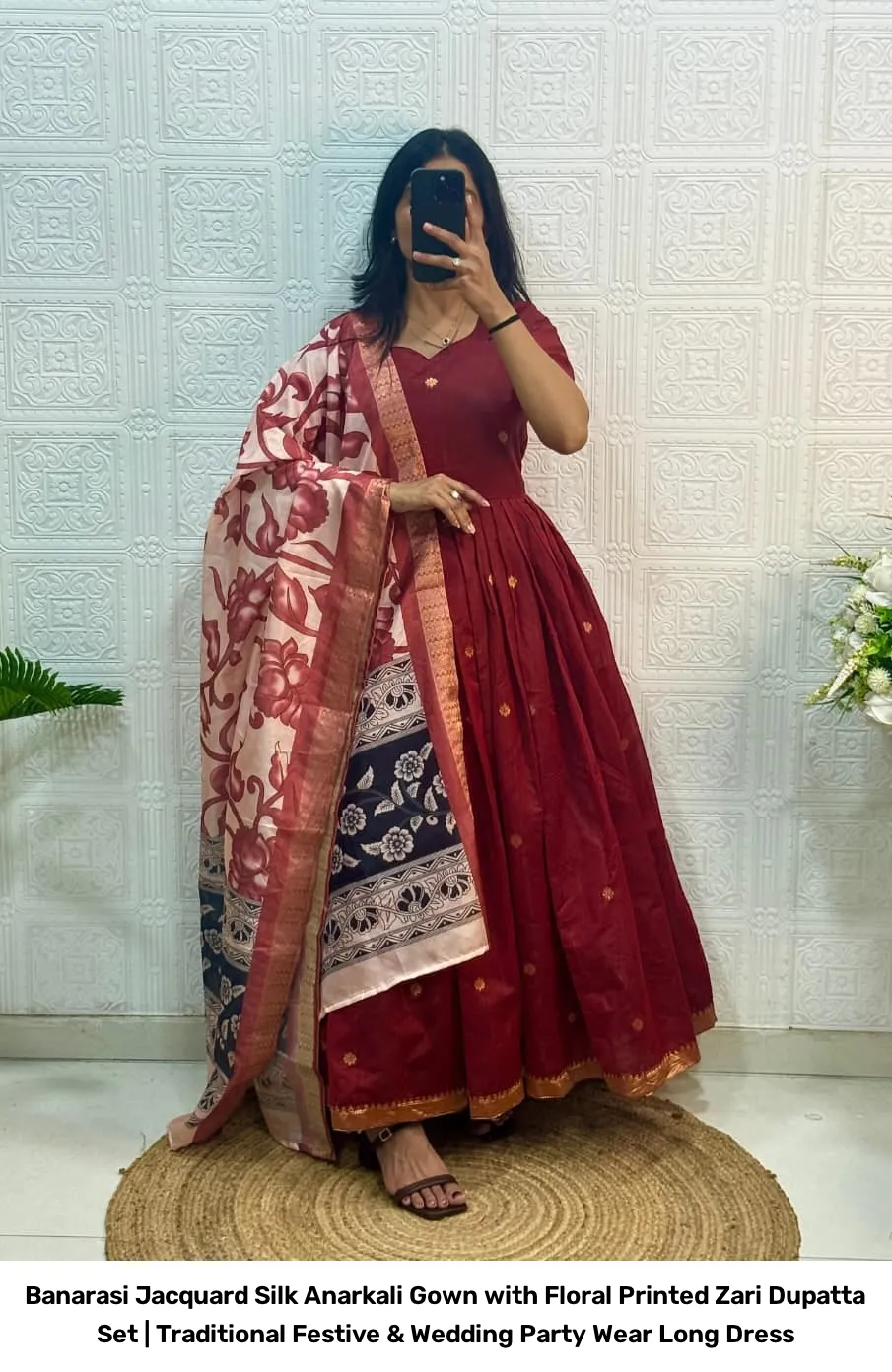 Banarasi Jacquard Silk Anarkali Gown with Floral Printed Zari Dupatta Set | Traditional Festive & Wedding Party Wear Long Dress 10