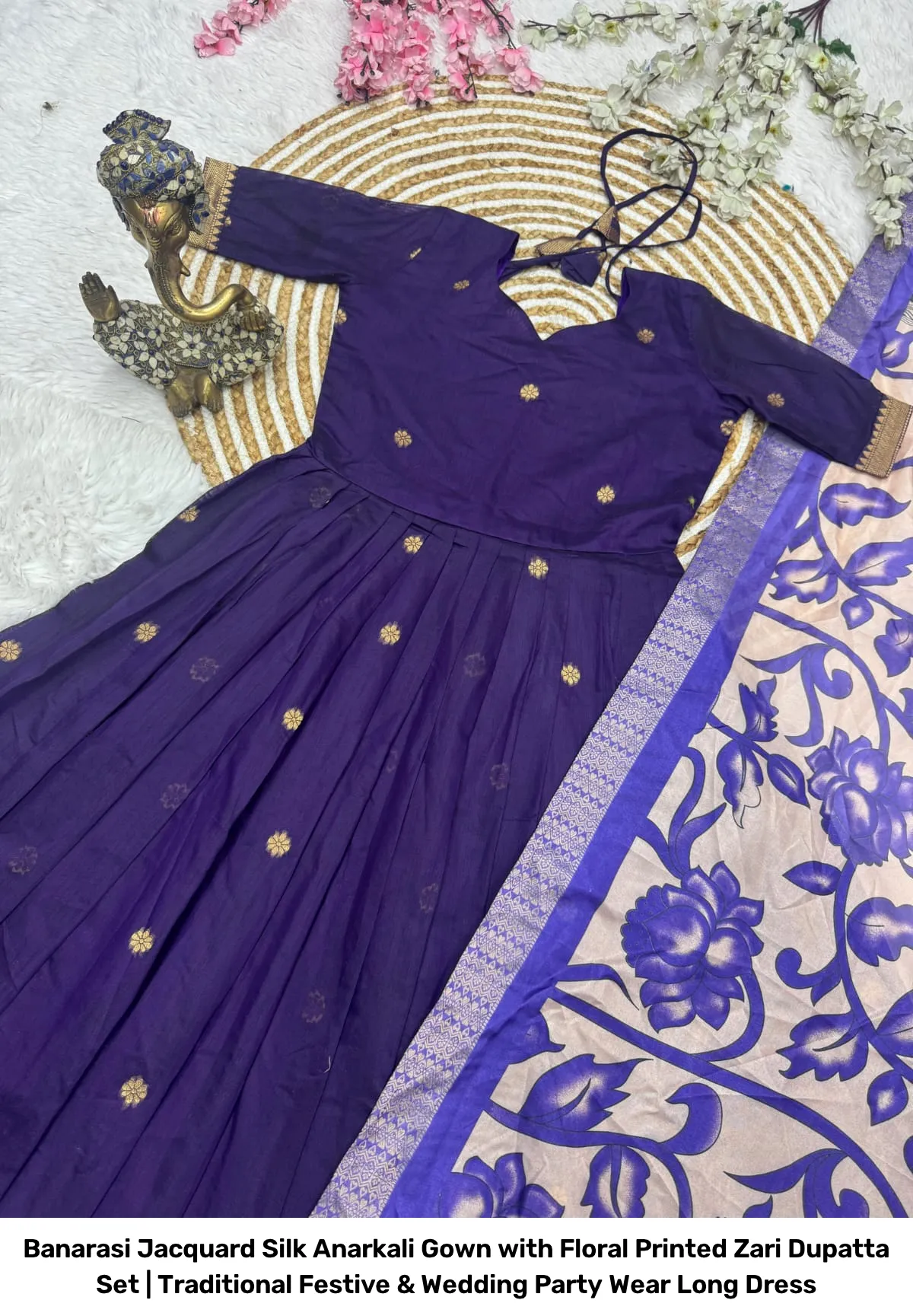 Banarasi Jacquard Silk Anarkali Gown with Floral Printed Zari Dupatta Set | Traditional Festive & Wedding Party Wear Long Dress 11