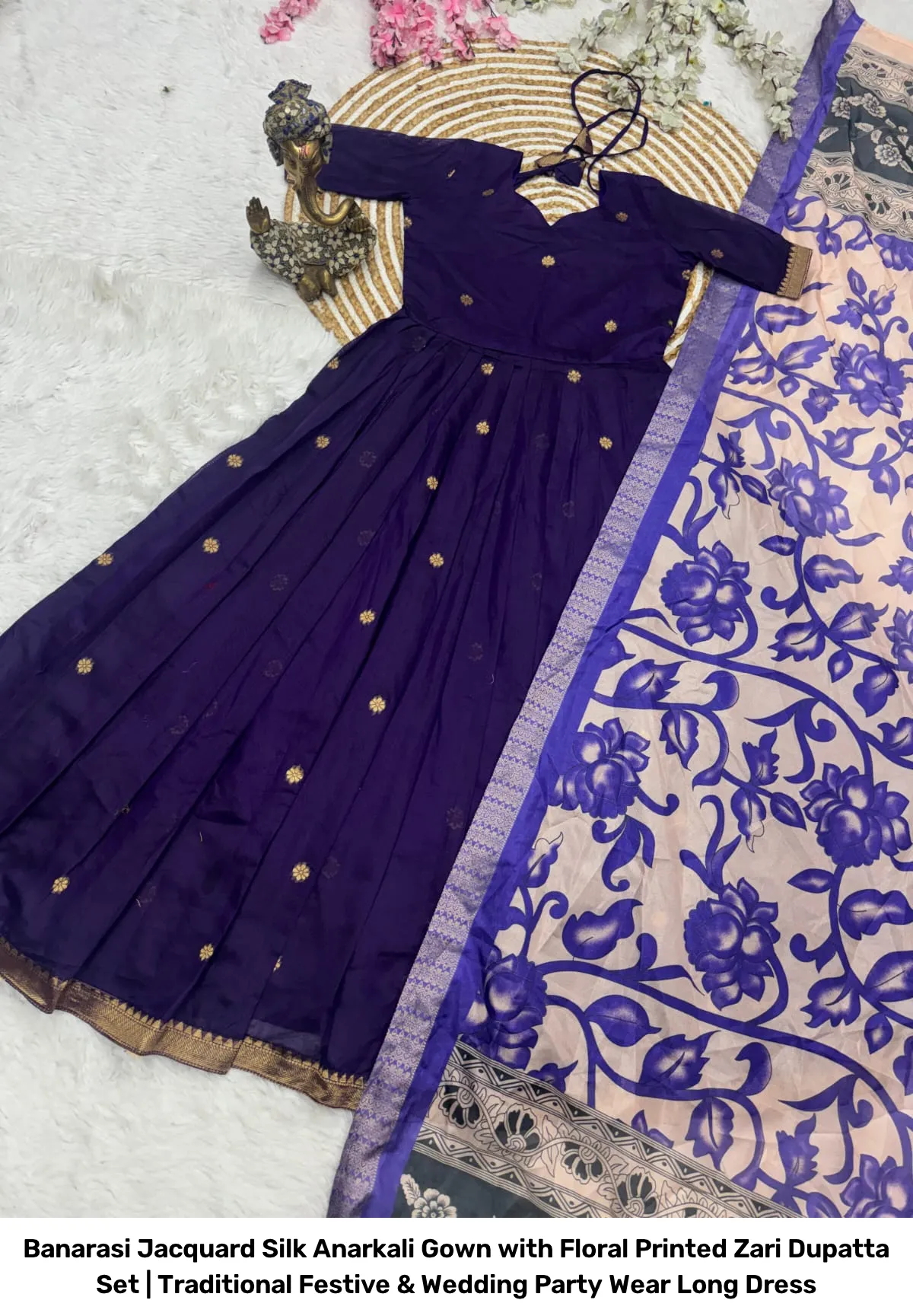 Banarasi Jacquard Silk Anarkali Gown with Floral Printed Zari Dupatta Set | Traditional Festive & Wedding Party Wear Long Dress 12