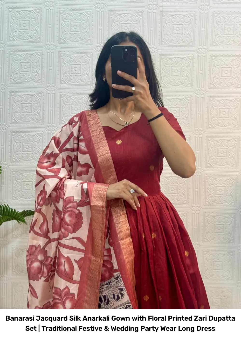 Banarasi Jacquard Silk Anarkali Gown with Floral Printed Zari Dupatta Set | Traditional Festive & Wedding Party Wear Long Dress 2