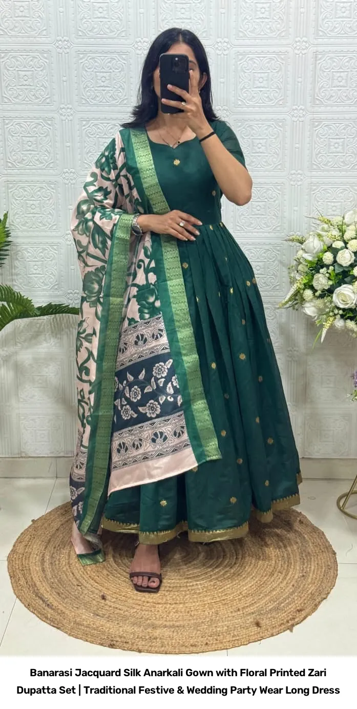 Banarasi Jacquard Silk Anarkali Gown with Floral Printed Zari Dupatta Set | Traditional Festive & Wedding Party Wear Long Dress 4