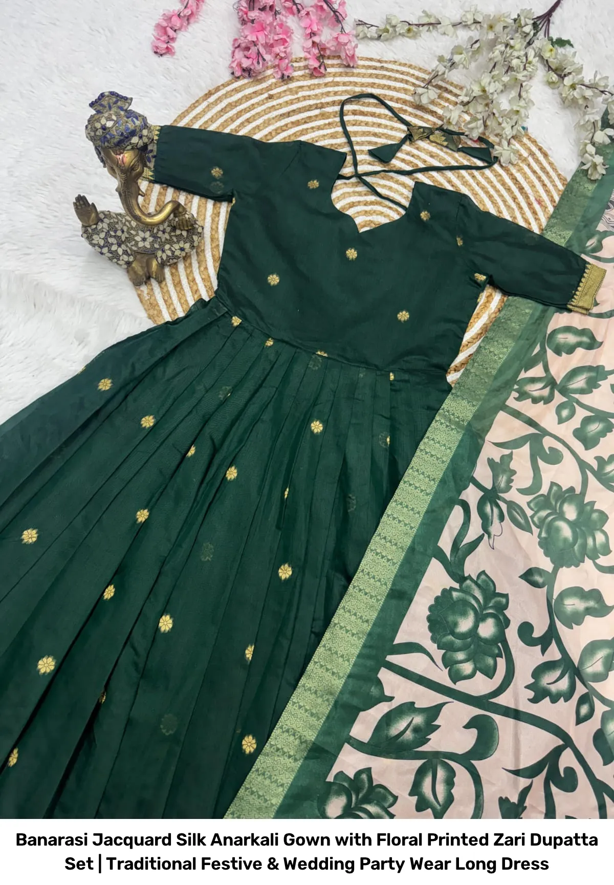 Banarasi Jacquard Silk Anarkali Gown with Floral Printed Zari Dupatta Set | Traditional Festive & Wedding Party Wear Long Dress 6
