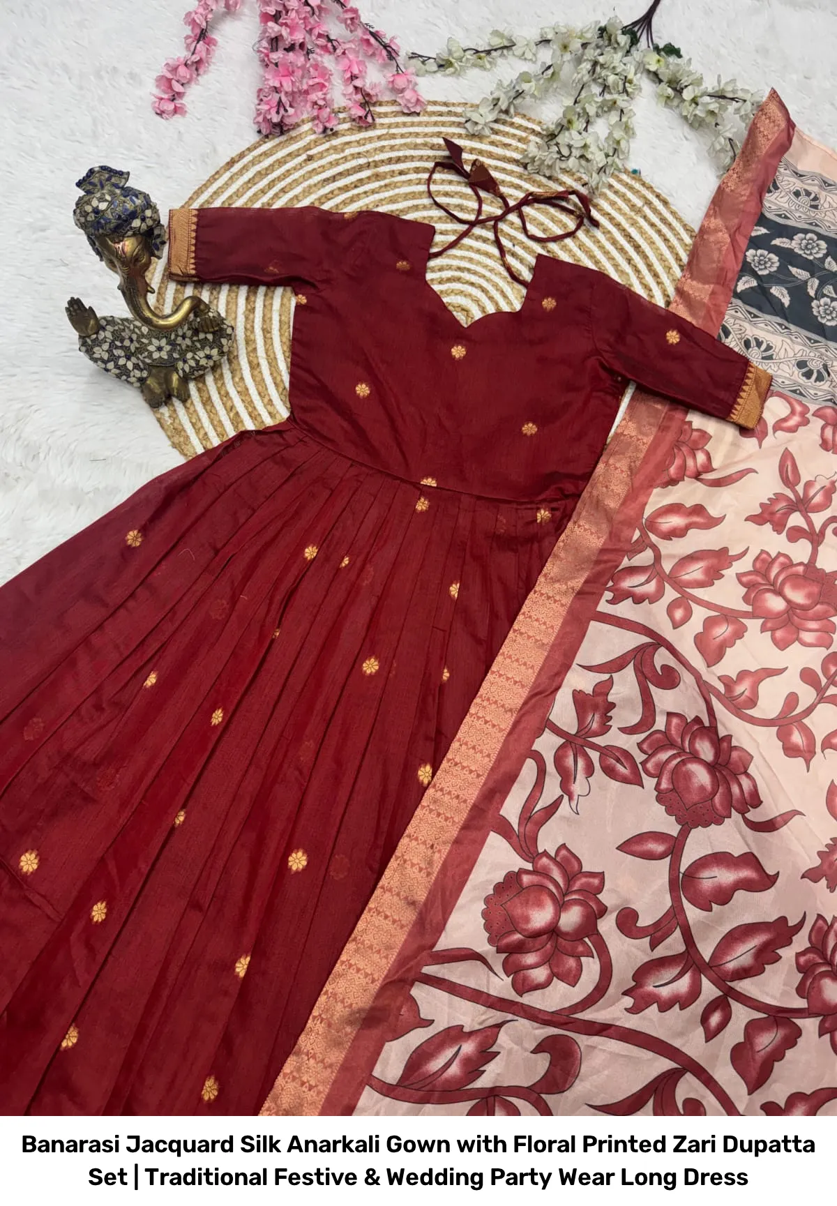 Banarasi Jacquard Silk Anarkali Gown with Floral Printed Zari Dupatta Set | Traditional Festive & Wedding Party Wear Long Dress 7