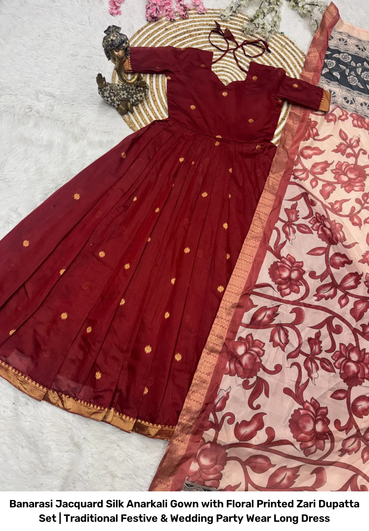 Banarasi Jacquard Silk Anarkali Gown with Floral Printed Zari Dupatta Set | Traditional Festive & Wedding Party Wear Long Dress 8
