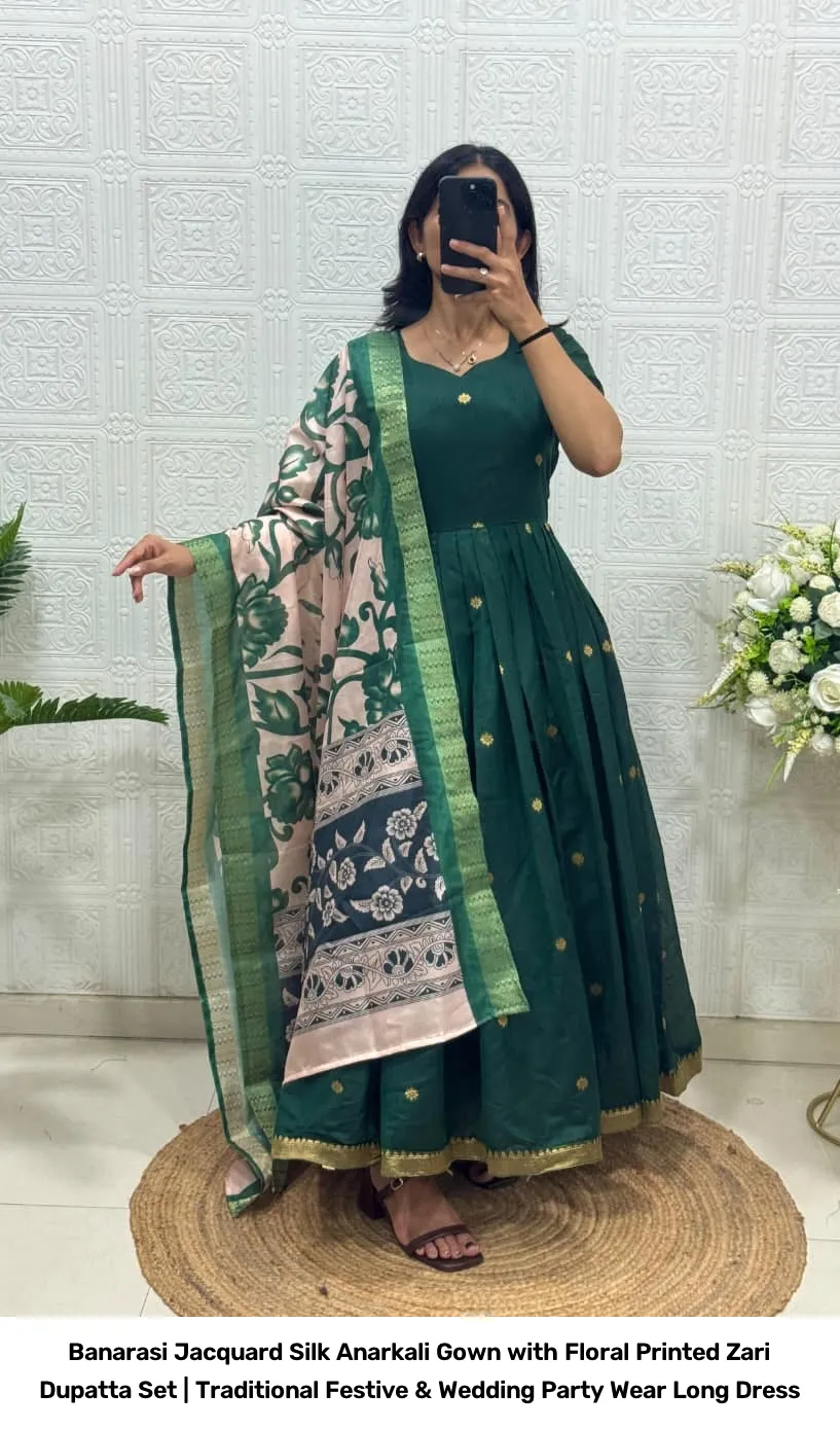 Banarasi Jacquard Silk Anarkali Gown with Floral Printed Zari Dupatta Set | Traditional Festive & Wedding Party Wear Long Dress 9