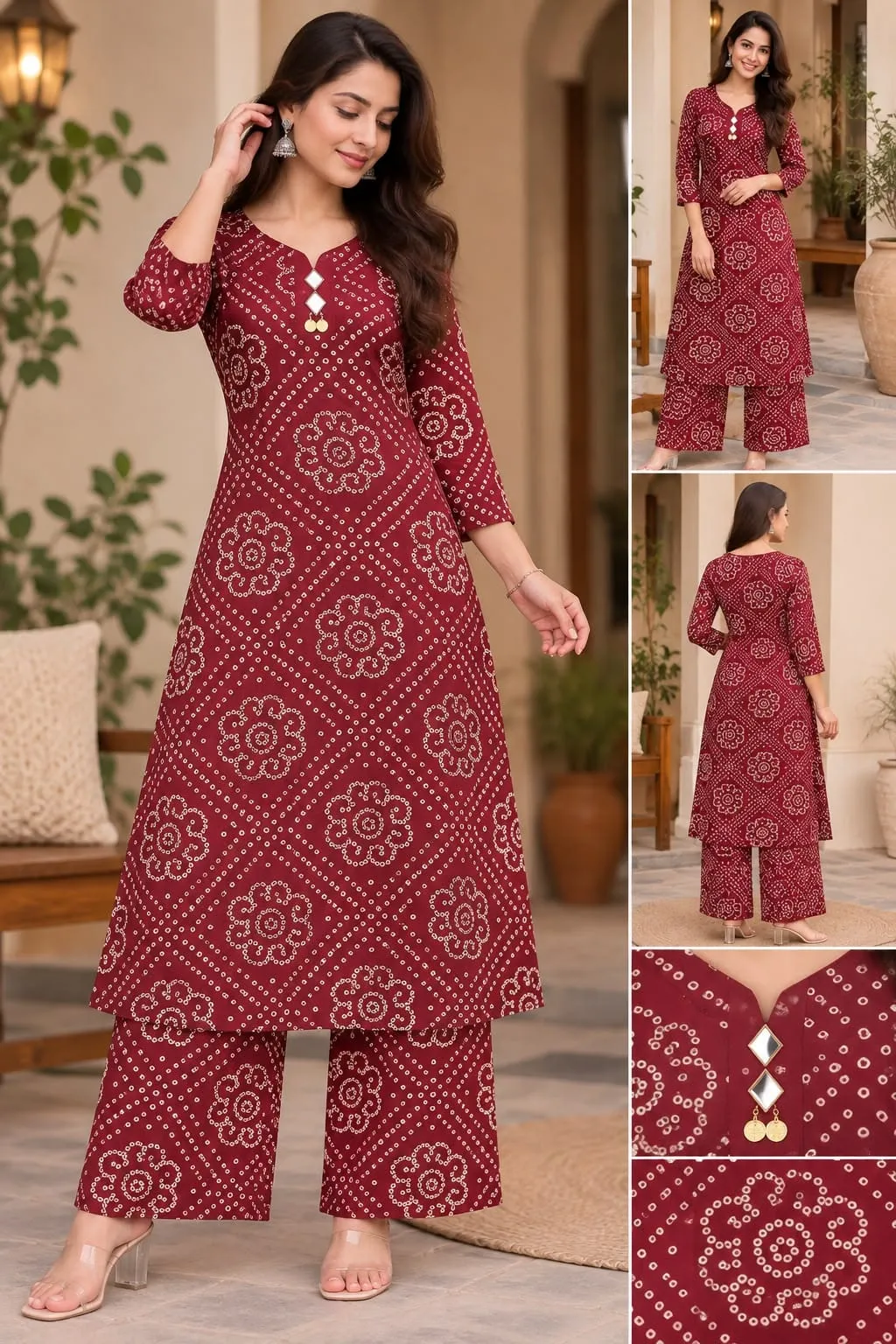 Bandhani Printed Straight Long Kurti with Palazzo Pant Set | Mirror Work Neck Ethnic Co-ord