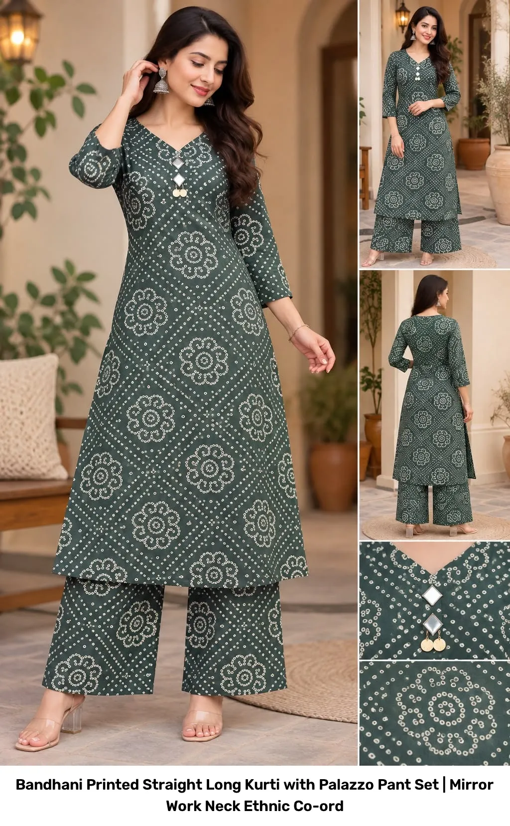 Bandhani Printed Straight Long Kurti with Palazzo Pant Set | Mirror Work Neck Ethnic Co-ord 2