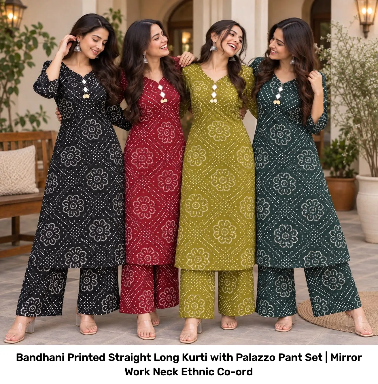 Bandhani Printed Straight Long Kurti with Palazzo Pant Set | Mirror Work Neck Ethnic Co-ord 3