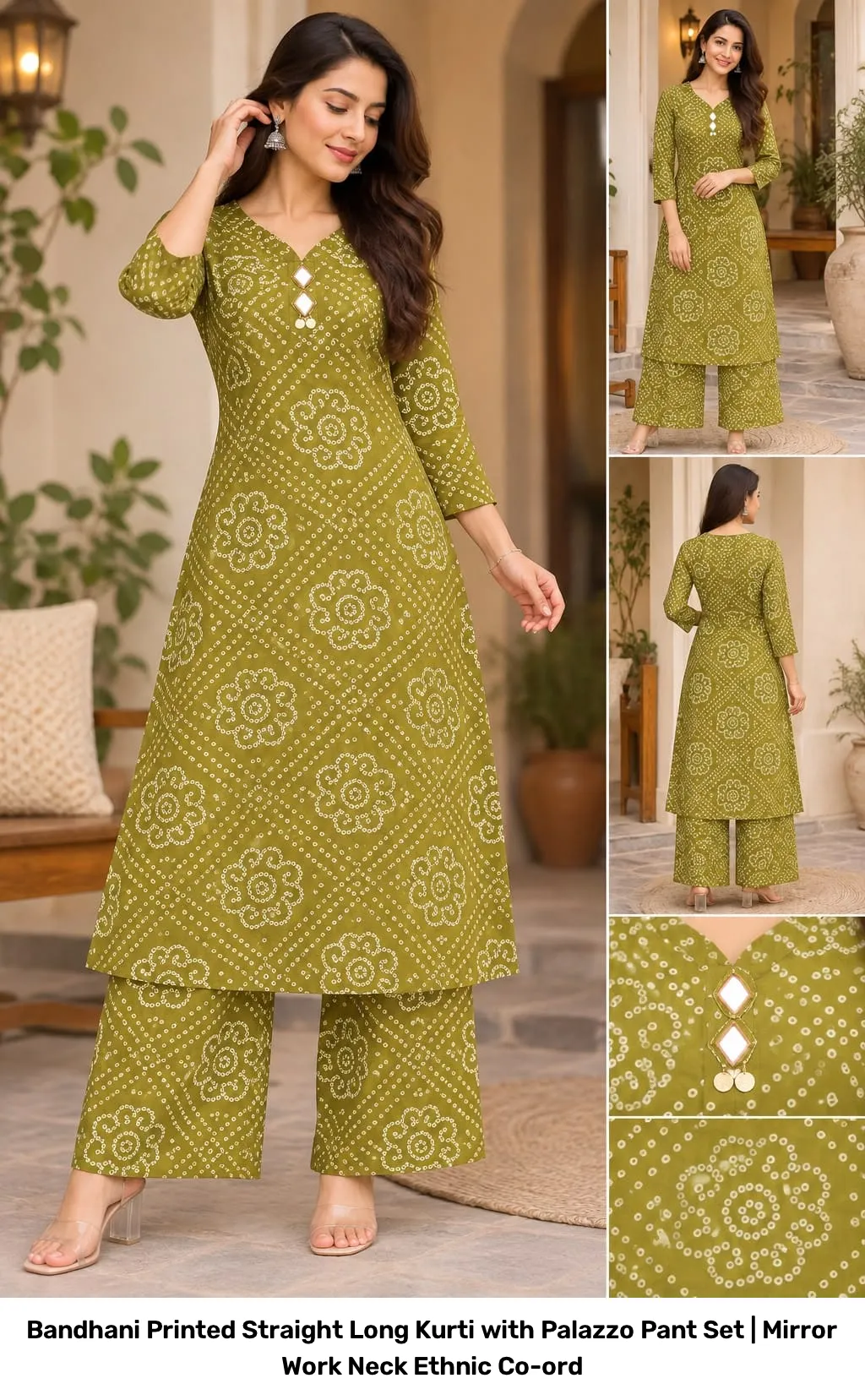 Bandhani Printed Straight Long Kurti with Palazzo Pant Set | Mirror Work Neck Ethnic Co-ord 4