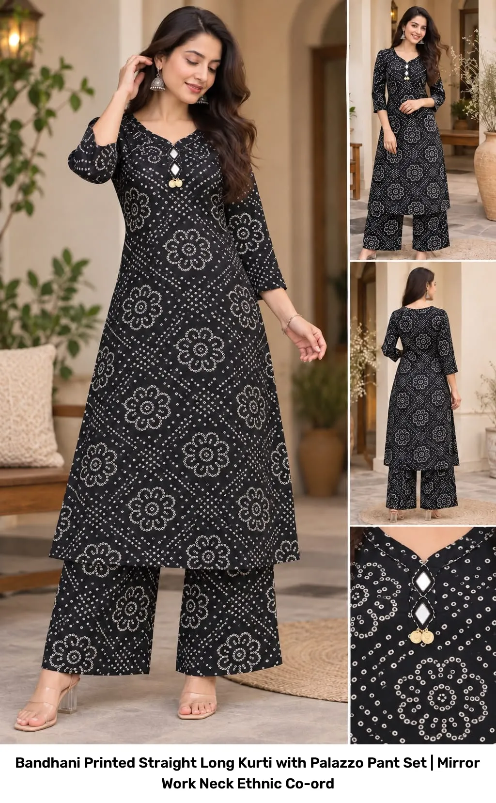 Bandhani Printed Straight Long Kurti with Palazzo Pant Set | Mirror Work Neck Ethnic Co-ord 5