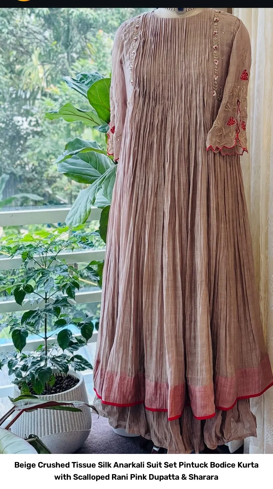 Beige Crushed Tissue Silk Anarkali Suit Set – Pintuck Bodice Kurta with Scalloped Rani Pink Dupatta & Sharara 2