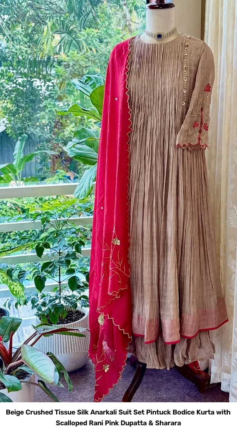 Beige Crushed Tissue Silk Anarkali Suit Set – Pintuck Bodice Kurta with Scalloped Rani Pink Dupatta & Sharara 3