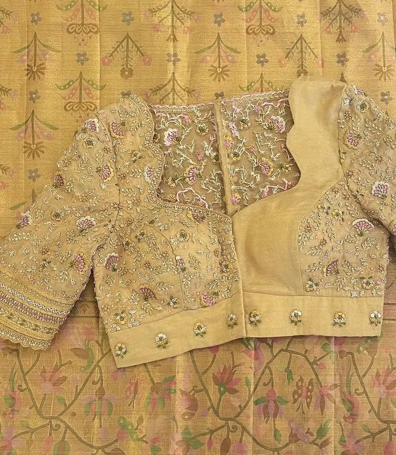 Beige Gold Sheer Net Back Maggam Work Blouse | Potli Button Bridal Aari Embroidery Saree Blouse