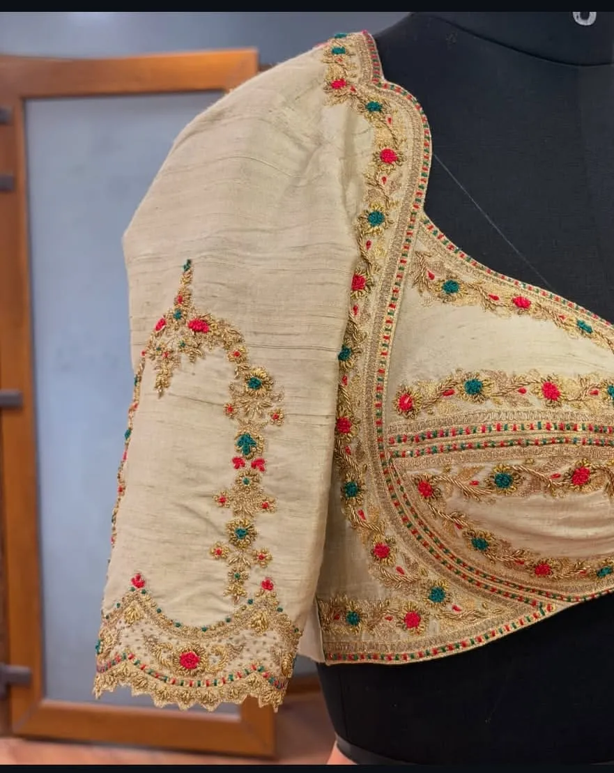 Beige Hand-Embroidered Designer Silk Blouse with Multicolored Zardosi Work | Buy Readymade Blouses Online