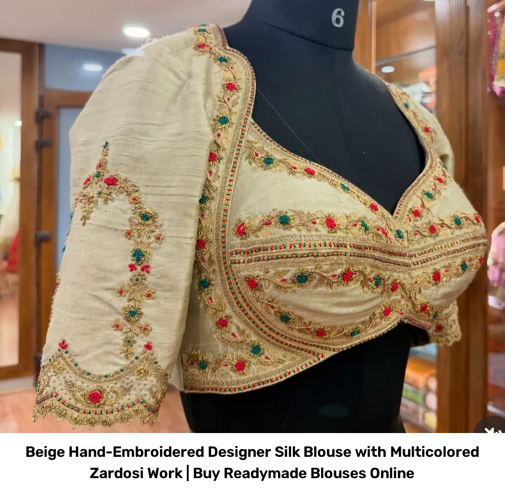 Beige Hand-Embroidered Designer Silk Blouse with Multicolored Zardosi Work | Buy Readymade Blouses Online 2