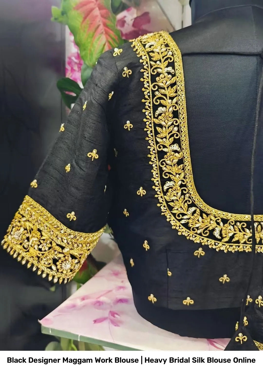Black Designer Maggam Work Blouse | Heavy Bridal Silk Blouse Online 3