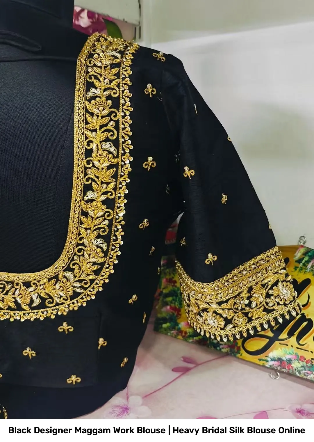 Black Designer Maggam Work Blouse | Heavy Bridal Silk Blouse Online 4