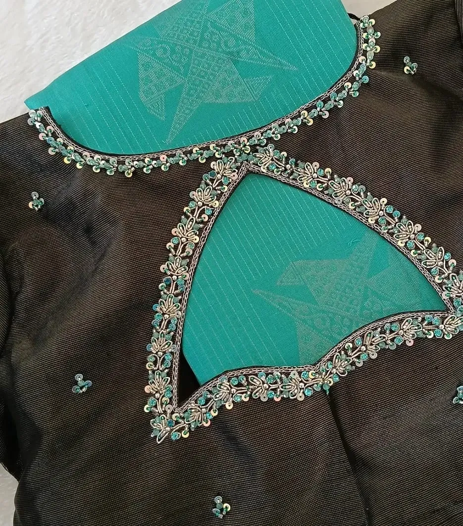 Black & Peacock Blue Raw Silk Saree Blouse | Readymade Sequin Embroidered Cut-Out Back Blouse with Patchwork Sleeves