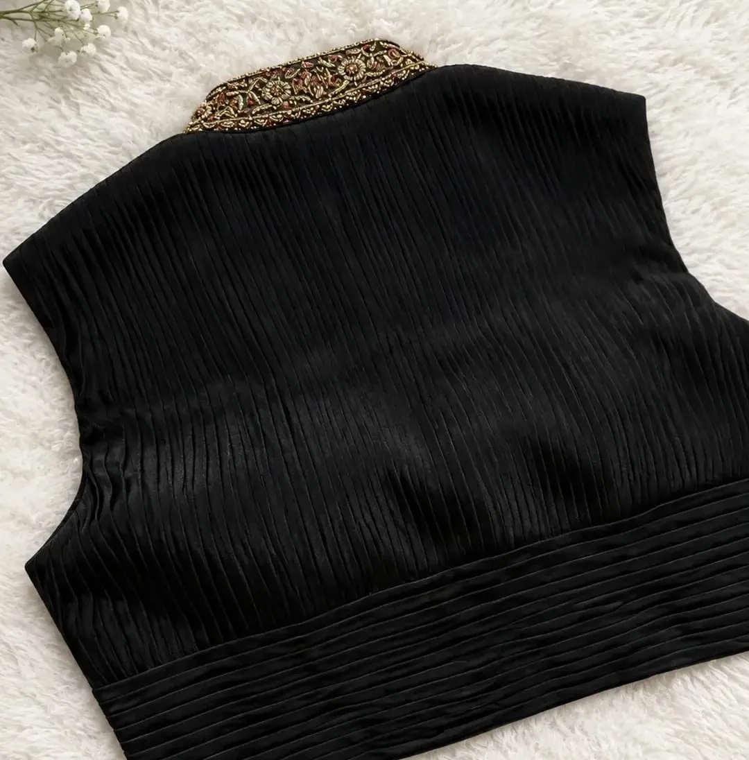 Black Pleated Alia Cut Blouse | Handcrafted Zardozi Collar High Neck Sleeveless Designer Saree Blouse