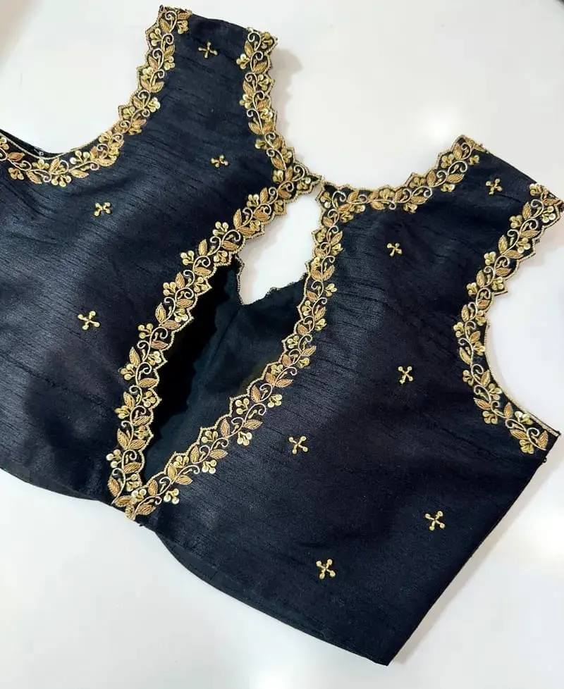 Black Raw Silk Embroidered Sleeveless Saree Blouse | Ready to Wear Gold Zari Work Party Wear Choli