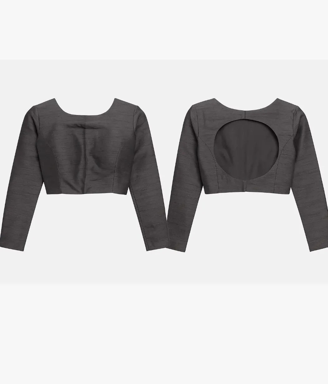 Black Raw Silk Full Sleeve Saree Blouse | Round Cut-Out Back Boat Neck Readymade Designer Choli
