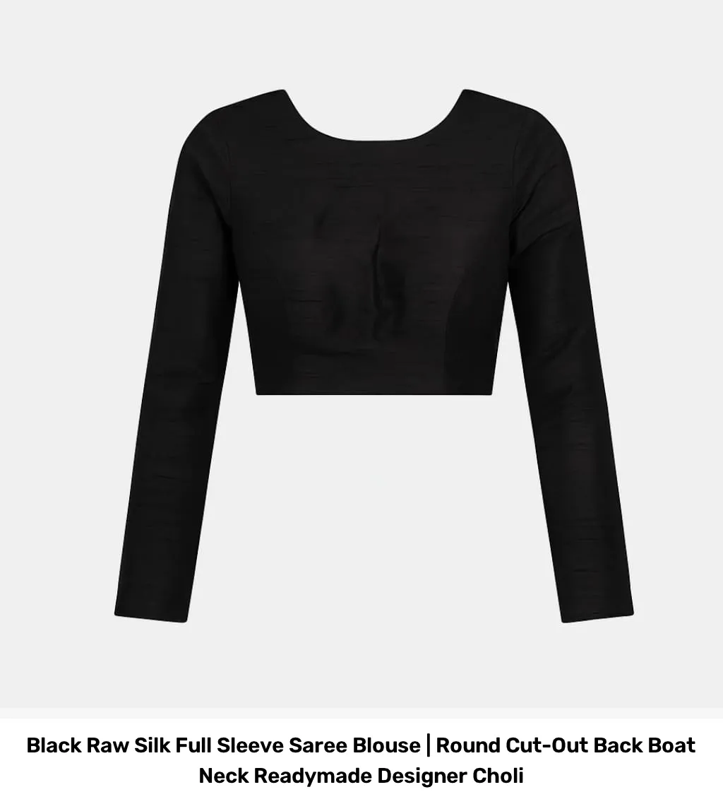 Black Raw Silk Full Sleeve Saree Blouse | Round Cut-Out Back Boat Neck Readymade Designer Choli 2
