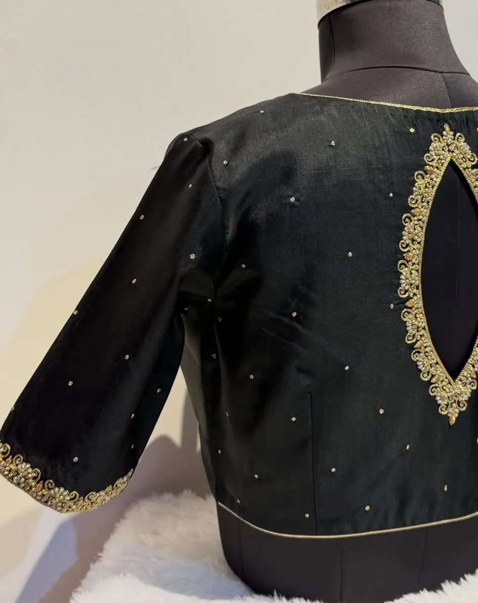 Black Raw Silk Saree Blouse – Gold Zardozi Oval Cut-Out Back Neck & Scattered Butti Elbow Sleeve Readymade Blouse