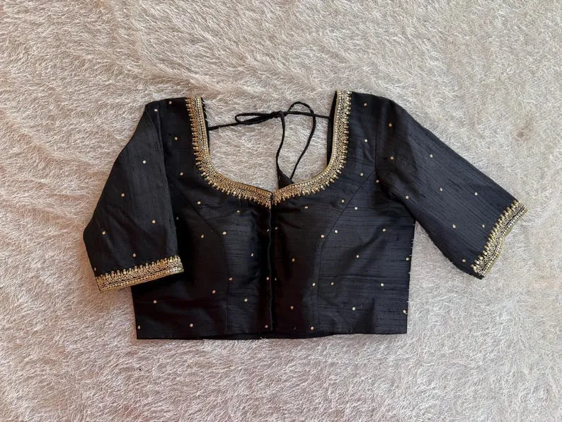 Black Raw Silk Saree Blouse with Zari Embroidery | Sweetheart Neck Readymade Elbow Sleeve Blouse
