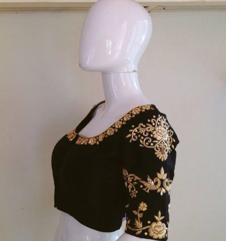 Black Raw Silk Square Neck Blouse - Antique Gold Zardozi Floral Border Saree Blouse with Dori
