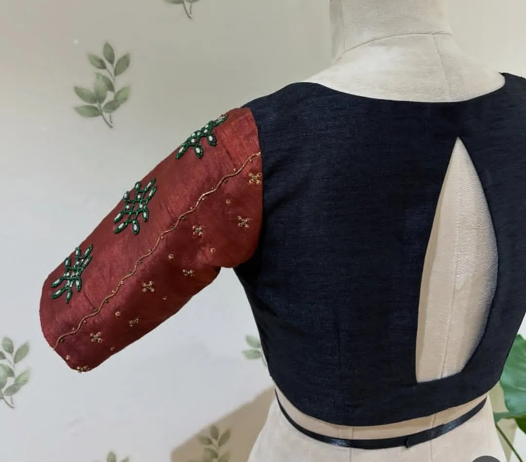 Black & Rust Contrast Raw Silk Saree Blouse with Cutout Back & Emerald Green Aari Work | Readymade Designer Blouse