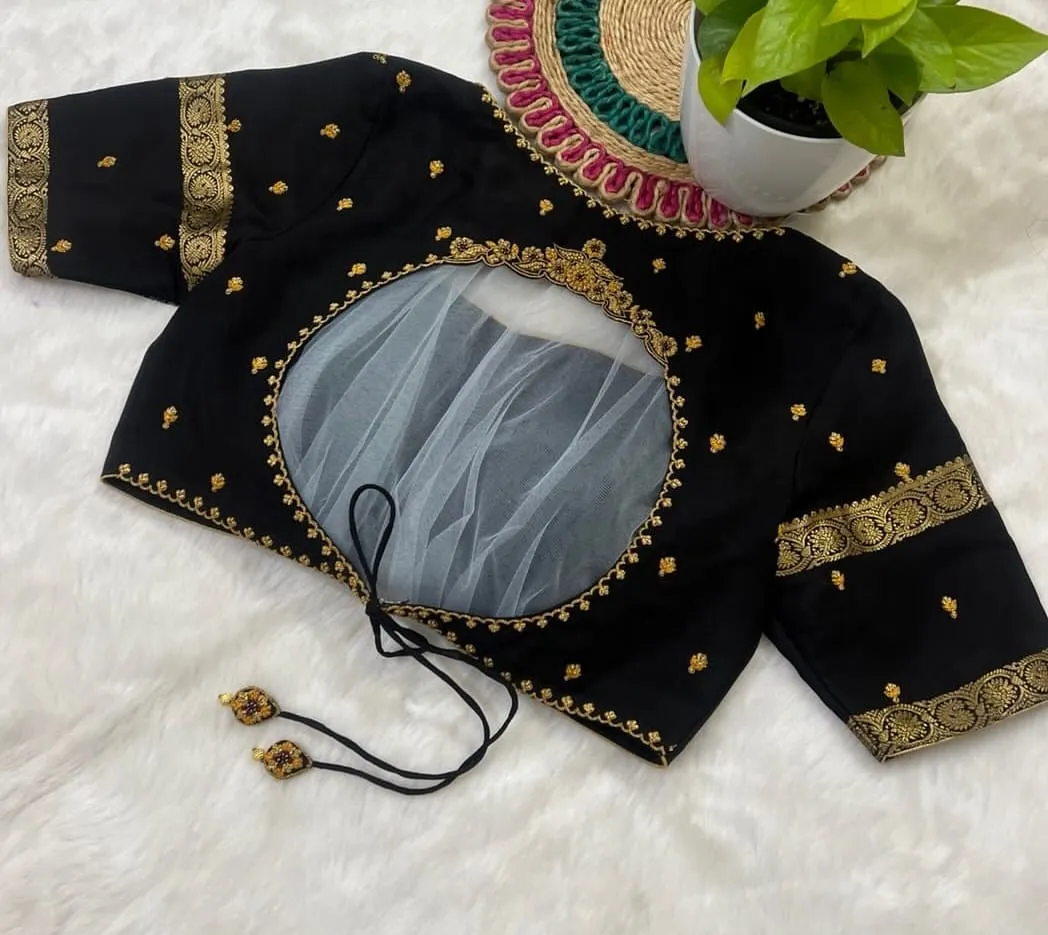 Black Silk Saree Blouse with Round Cutout Back & Gold Zari Border | Readymade Padded Bridal & Party Wear Blouse
